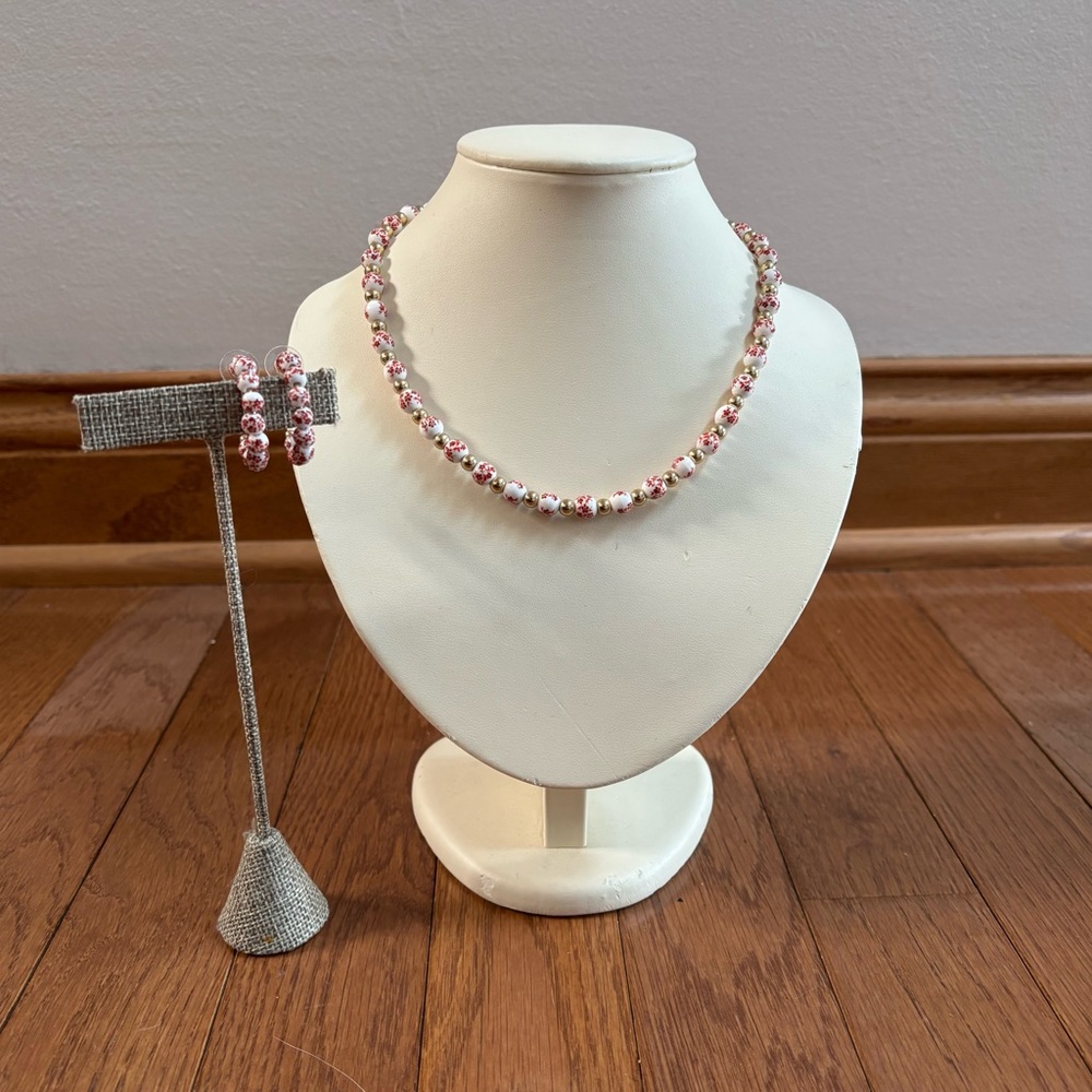 White Ceramic Beaded Necklace and Earring Set with Red Floral Print